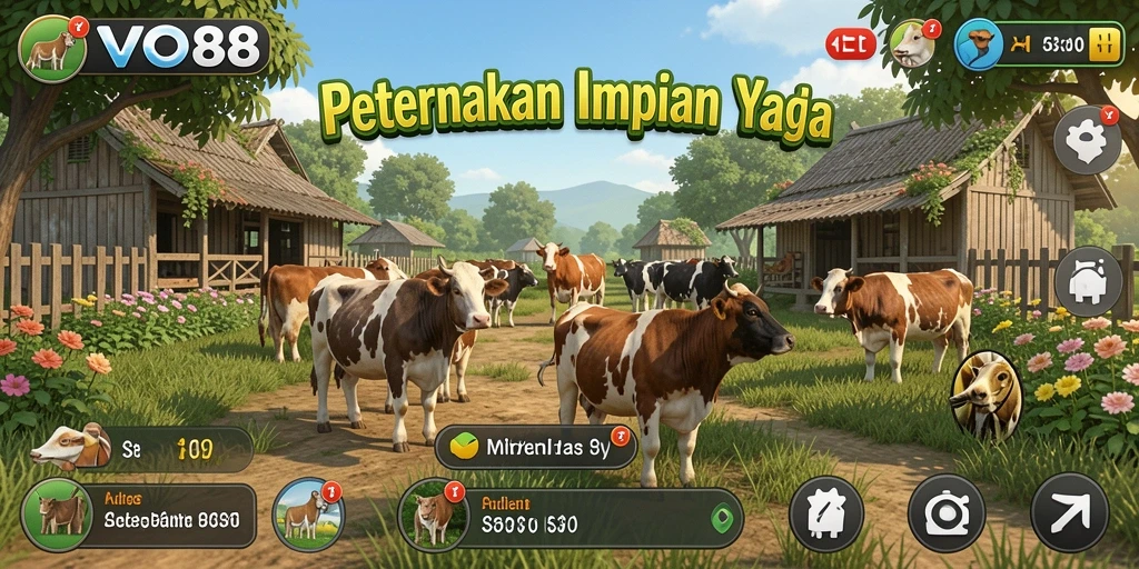 Tangkapan layar gameplay OVO88 dengan pertanian yang indah dan hewan peliharaan.