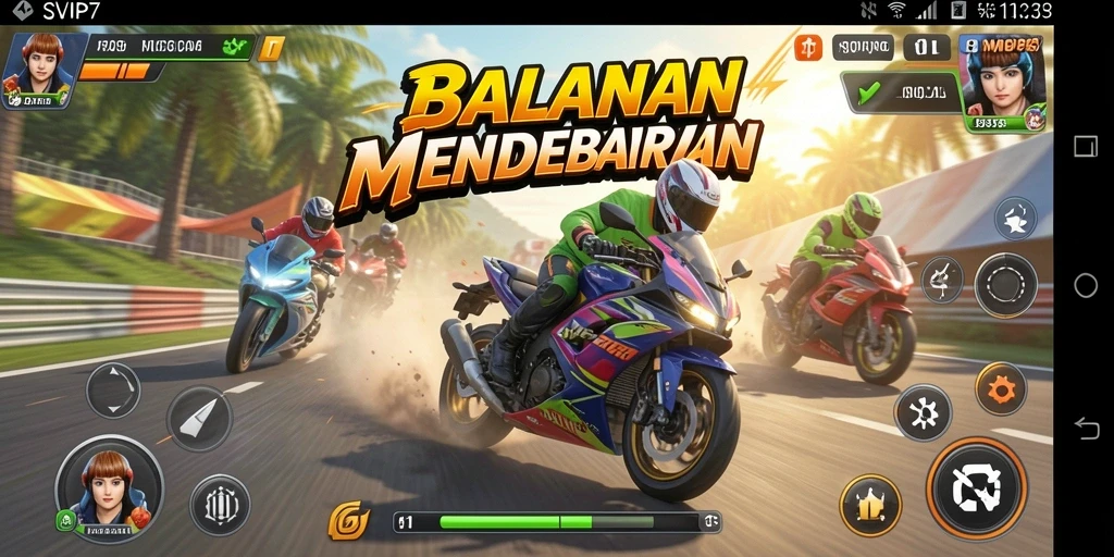 Screenshot gameplay SVIP7, menampilkan aksi balap motor yang mendebarkan.